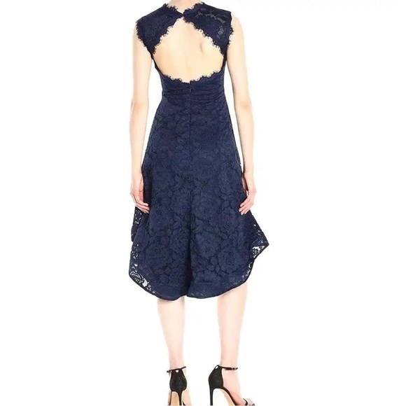 Betsy & Adam Black Lace High-Low Dress 8 Scalloped Eyelash Cutout Open Back 8 - Picture 2 of 10